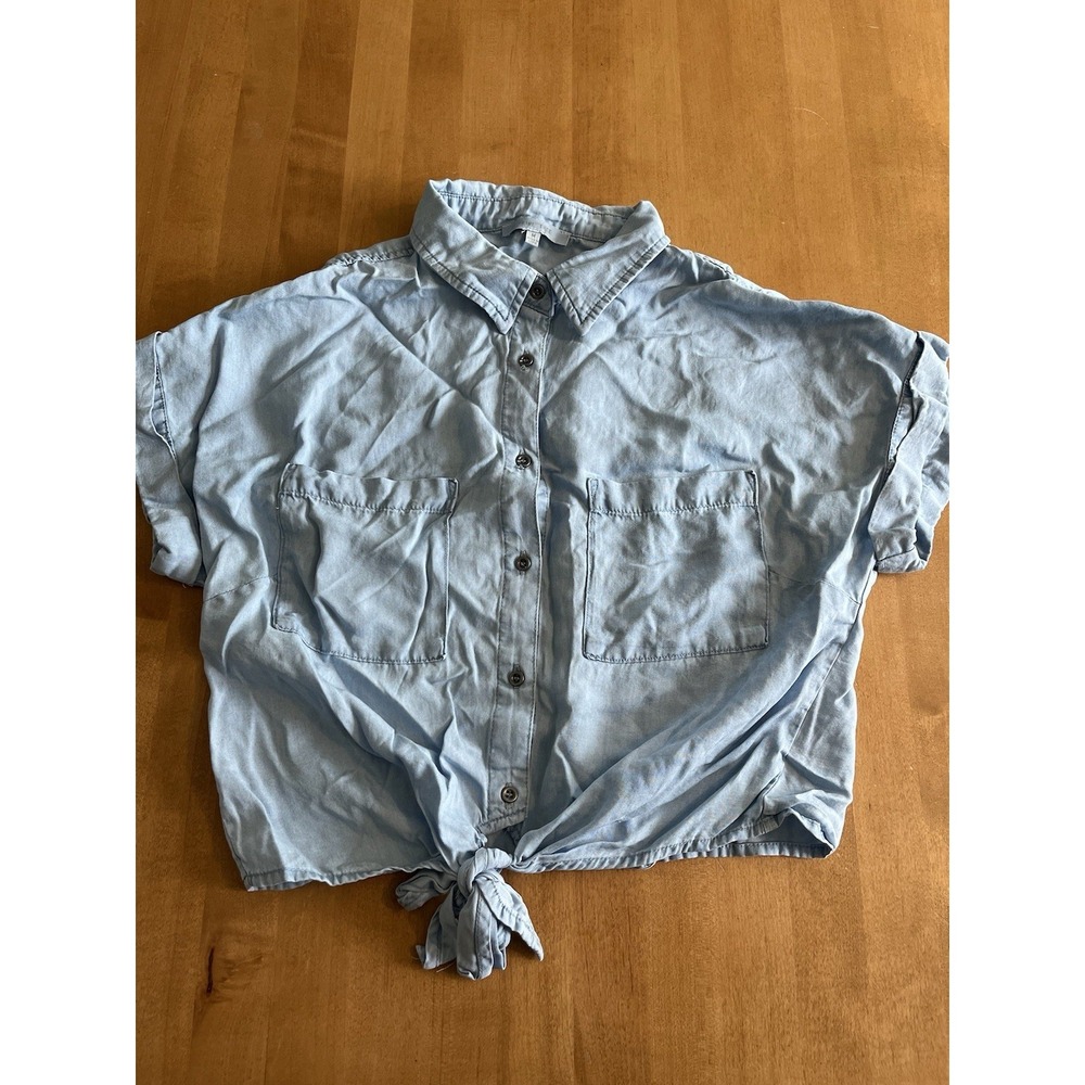 Love Tree Cute Tie Front CROP Top Shirt Short‎ Sleeve Button Front Blue Medium